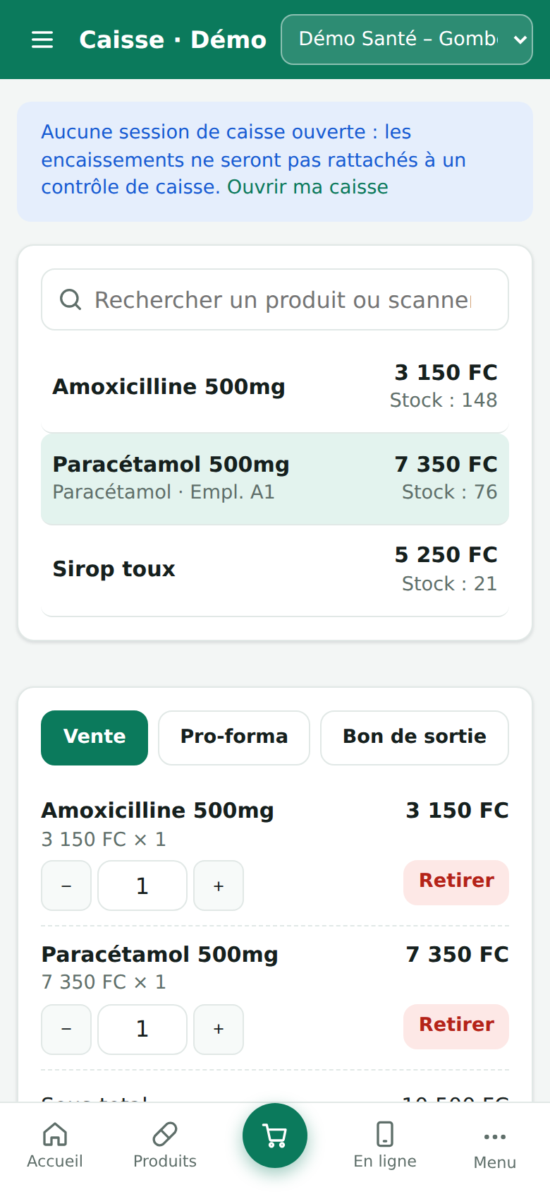 Caisse sur téléphone